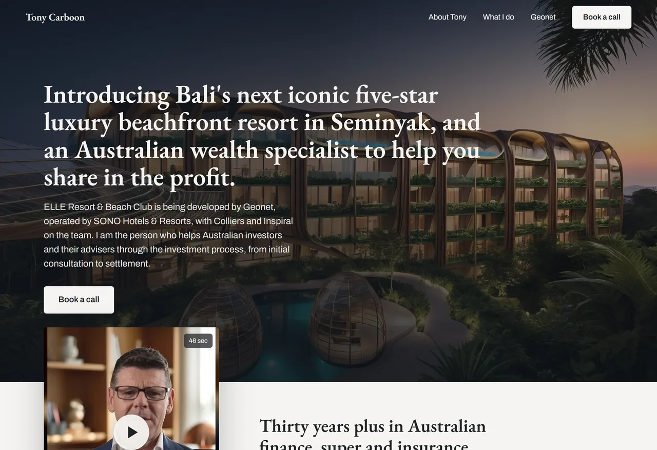 Tony Carboon website, Bali resort investment, full-page screenshot