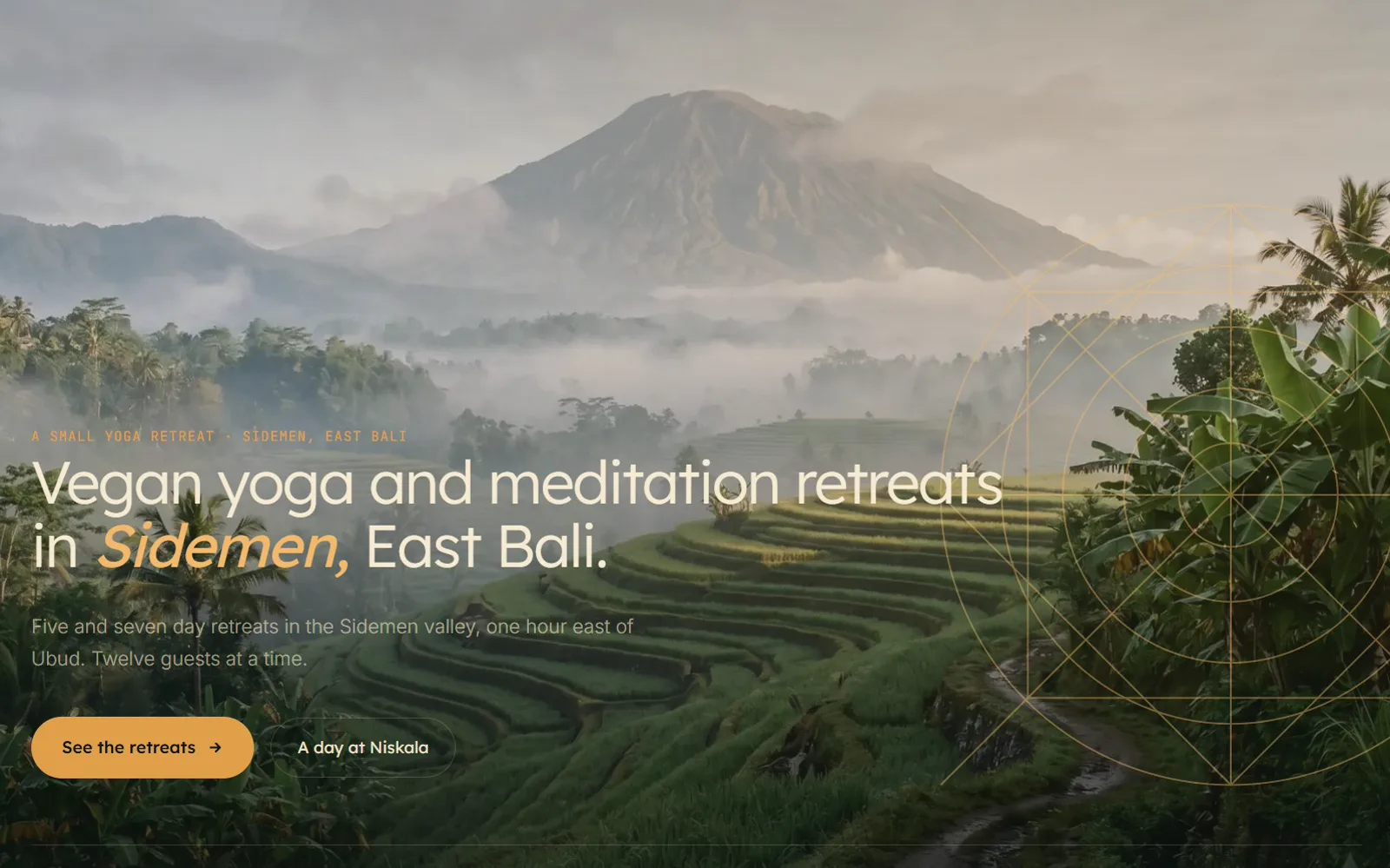 Niskala Bali, a sample vegan yoga retreat site for the Sidemen valley with a deep jungle palette and saffron accent
