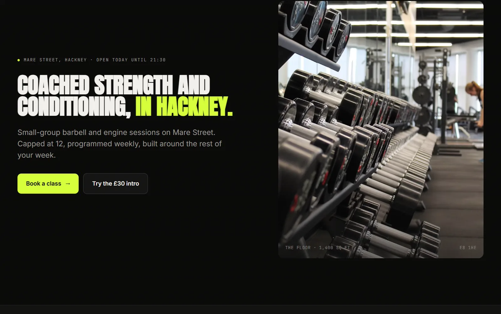 Roundhouse Athletic, a sample fitness studio site for Hackney with an electric lime accent over a dark interface