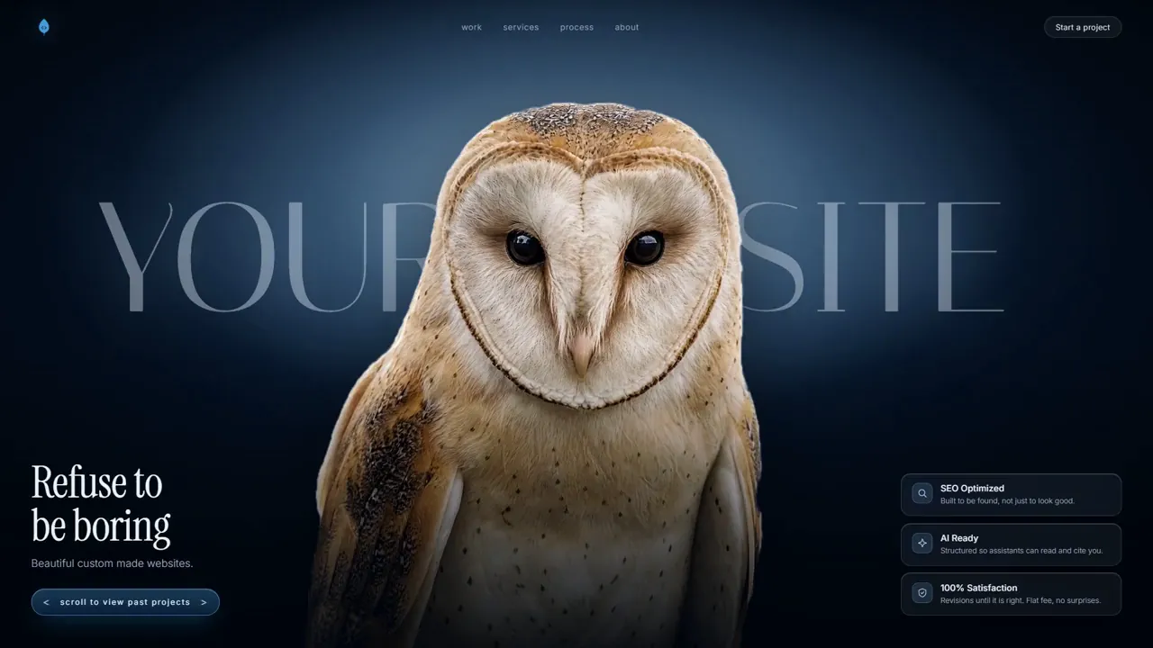 Showcase concept: a barn owl over the words Your Site, under the headline Refuse to be boring